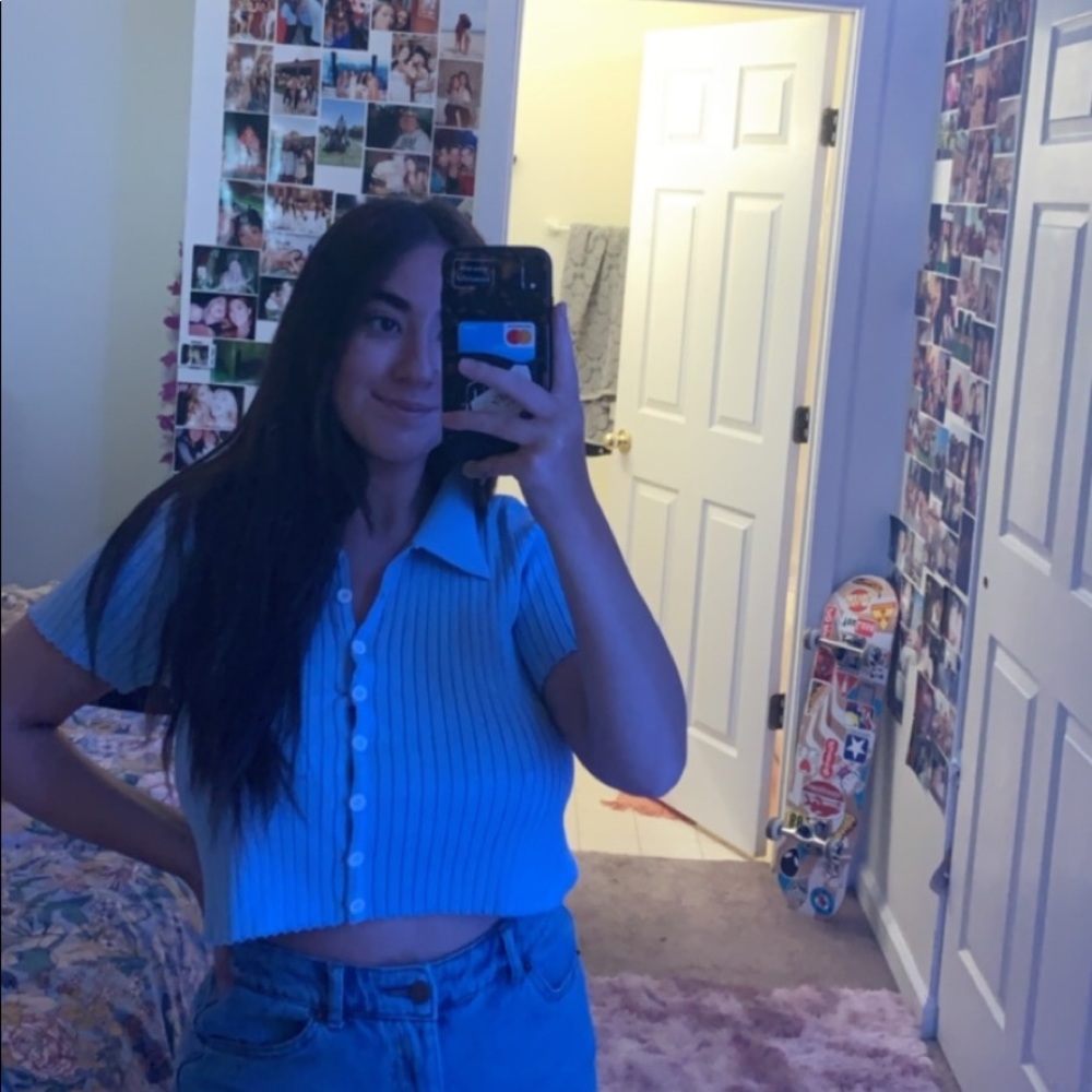 Forever 21 Cropped Collared Shirt in Light Blue